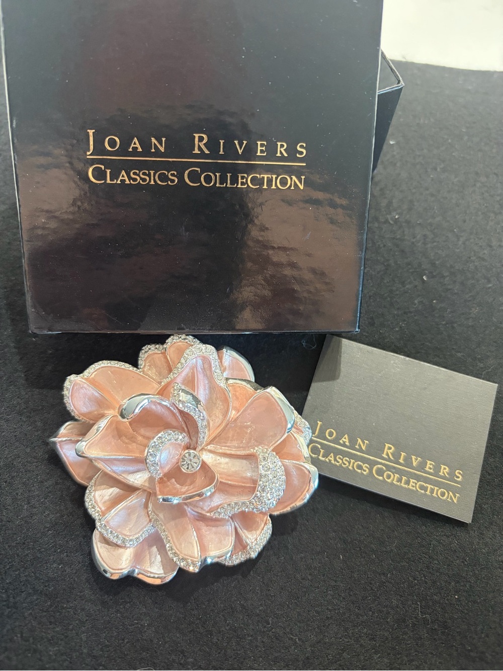 Joan Rivers Blush Pink Enamel Flower Brooch with Swarovski Crystal Accents